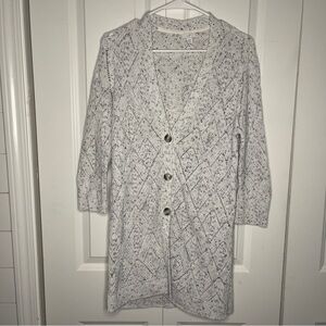 J. Jill Cardigan Small Petite Tweed Crochet Eyelet 3 Button White Blue Speckled